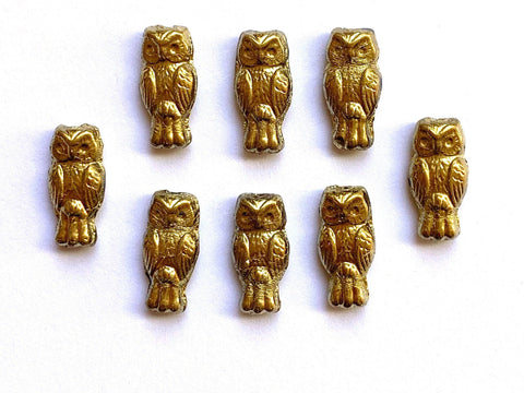 10 Czech glass owl beads - top drilled 7 x 15mm shiny gold pressed glass beads C0045