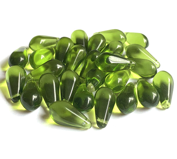 Ten large Czech glass teardrop beads - 9 x 18mm olivine olive green pressed glass faceted side drilled drops six sides C0023