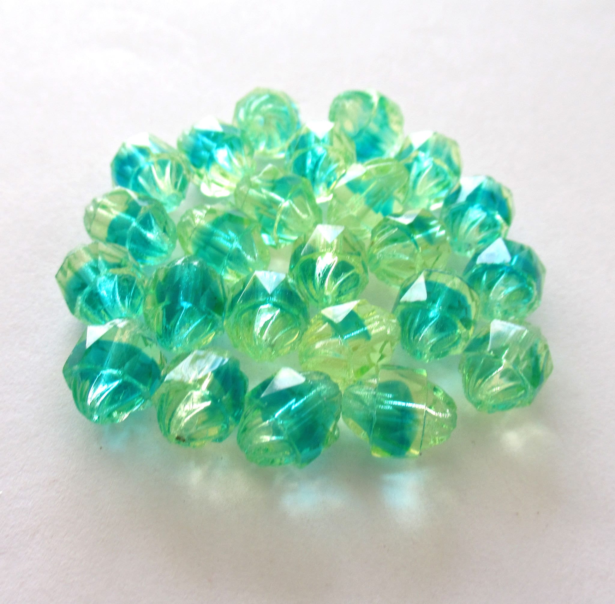 Ten Czech glass turbine beads - 10 x 8mm light green & aqua blue mix faceted fire polished beads C00002