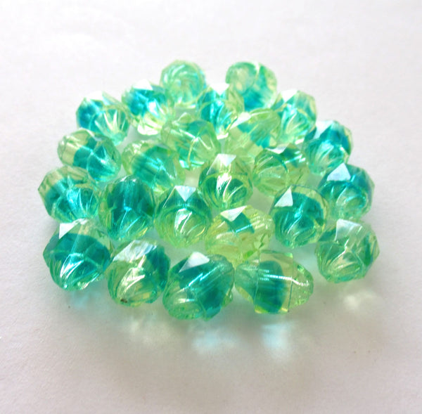 Ten Czech glass turbine beads - 10 x 8mm light green & aqua blue mix faceted fire polished beads C00002