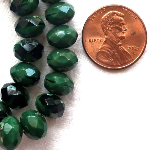 Lot of 25 Czech glass puffy rondelle beads, 8 x 6mm opaque marbled forest, hunter green picasso faceted rondelles 52301 - Glorious Glass Beads