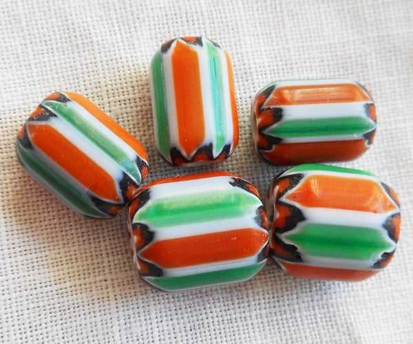 Lot of 15 orange, green and white striped chevron glass Beads 8 x 9mm C3701
