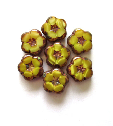 Lot of 6 Czech glass flower beads - 14mm table cut carved opaque silky marbled yellow beads with picasso accents C00031