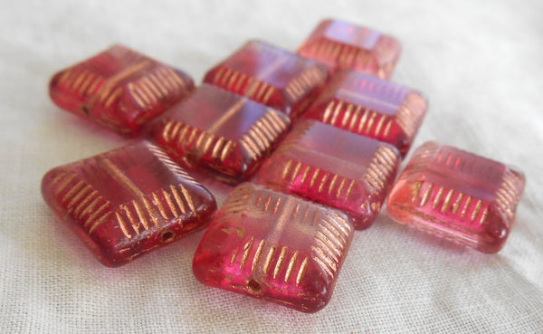 Four 14mm x 6mm fuchsia pink with gold accents table cut carved Czech square flat glass bead, chunky pink bead C63101