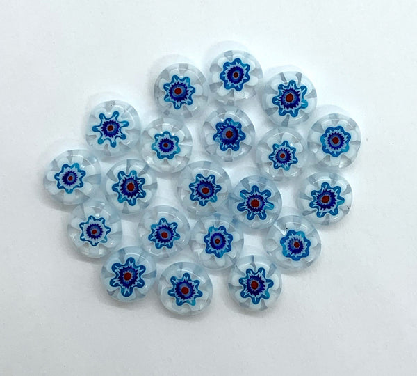 Ten 8mm cane or millefiori glass beads - aqua red and white coin or disc beads - C0008