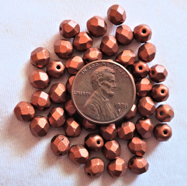 25 6mm Matte Metallic Antique Copper Czech glass beads - firepolished, faceted round beads, C2525