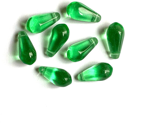 Ten large Czech glass teardrop beads - 9 x 18mm transparent mint green pressed glass side drilled faceted drops six sides C0008