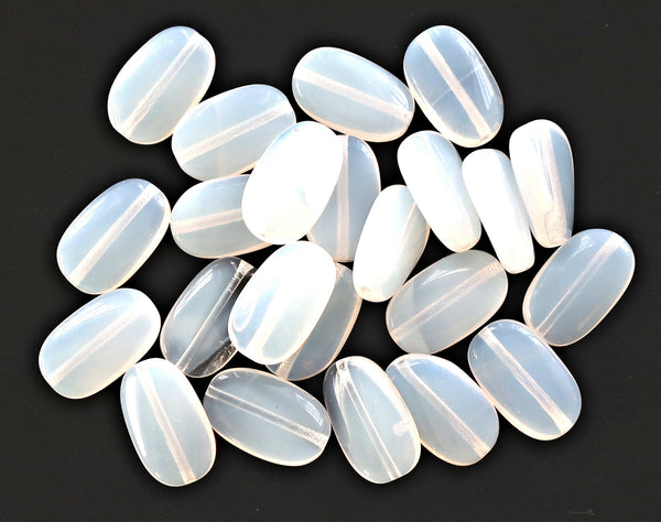 Lot of 15 translucent milky white slightly twisted oval Czech Glass beads, 14mm x 8mm pressed glass beads C0047