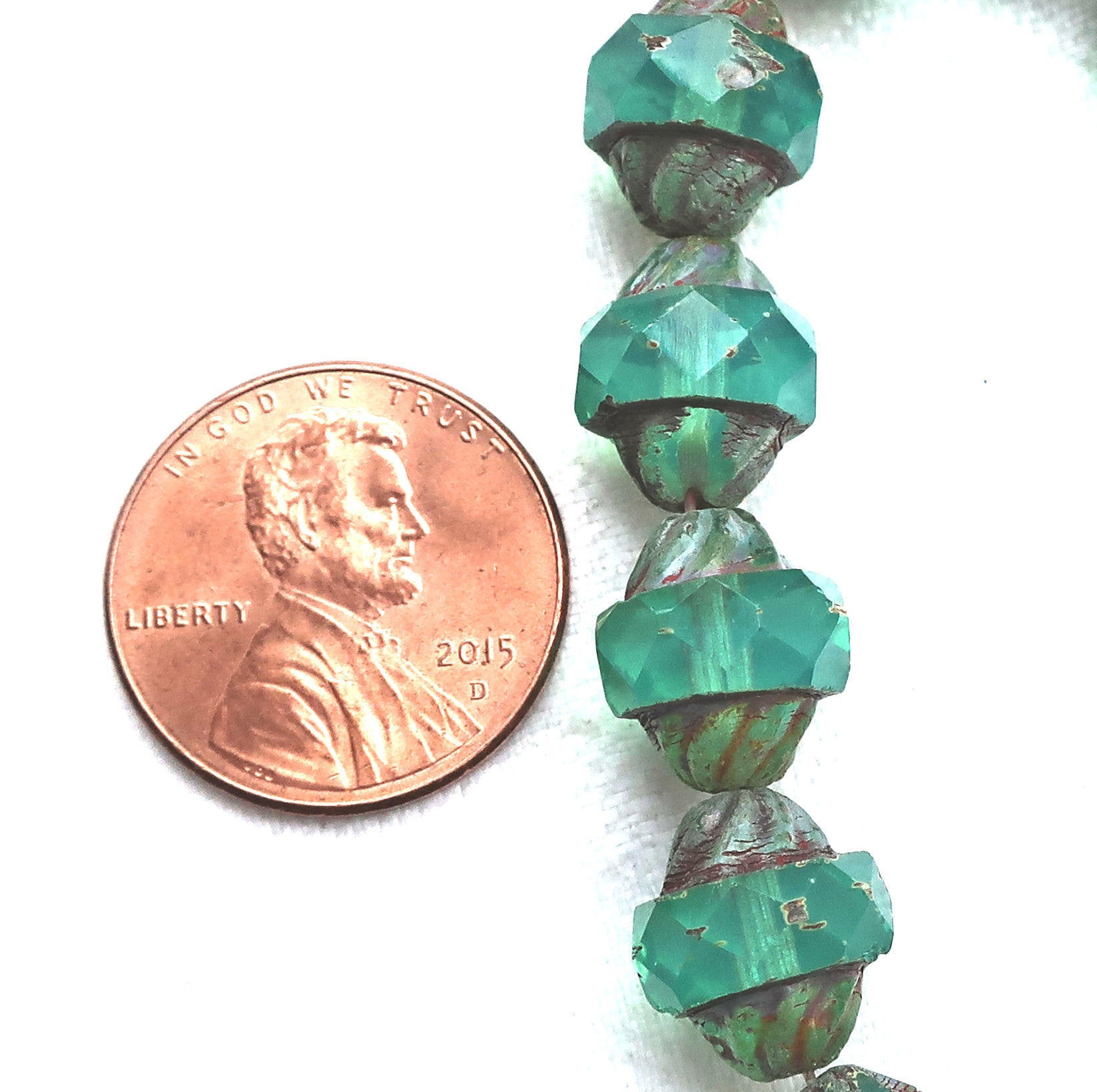 Five light teal Czech glass turbine beads. 11 x 10mm light slightly milky blue green faceted saucer beads with a Picasso finish C01101 - Glorious Glass Beads