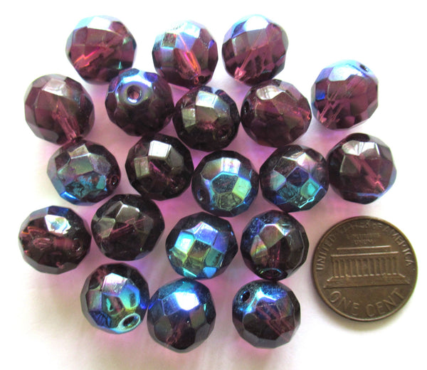 Ten Czech glass fire polished faceted round beads - 12mm amethyst purple ab beads C0089