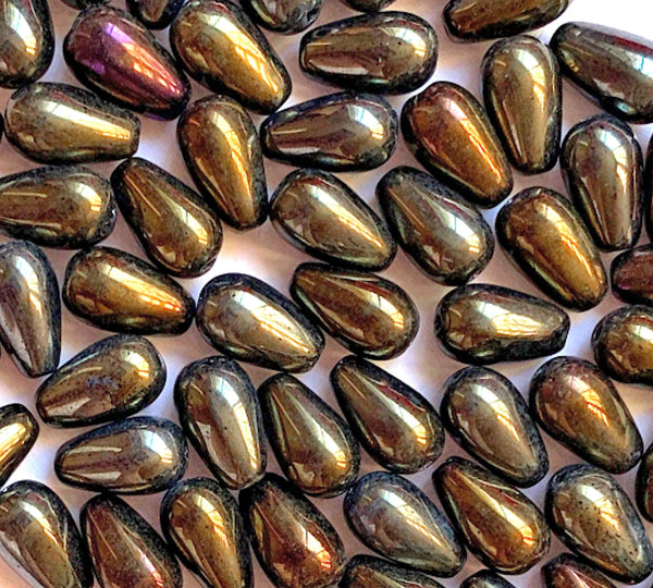 Lot of 25 10 x 6mm Czech glass brown iris teardrop beads - center drilled smooth drop beads C0034