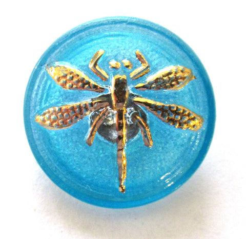 One 18mm Czech glass button - translucent aqua blue with a gold dragonfly decorative shank button 00191