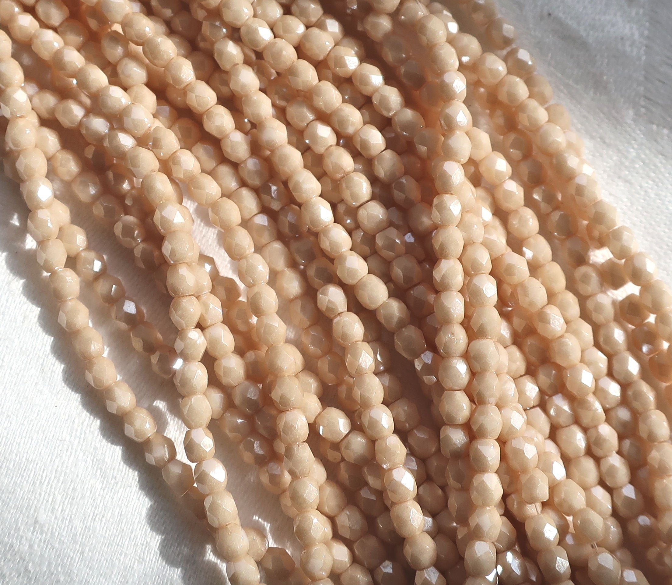 Lot of 50 3mm Off White Opaque Luster Champagne Czech glass beads, firepolished faceted round beads C8450 - Glorious Glass Beads