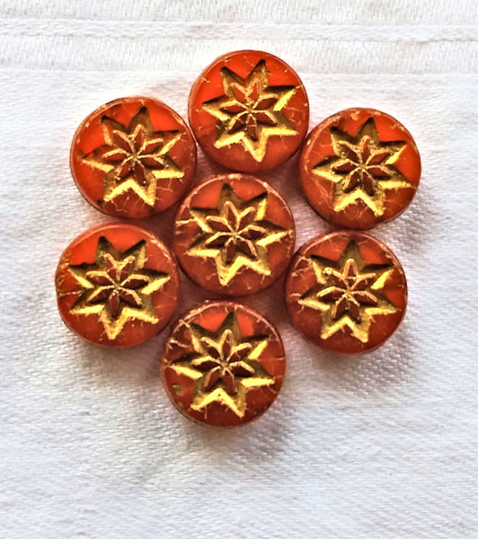 Fifteen 13mm opaque orange coin or disc beads with a gold wash - rustic, earthy star or flower Czech glass beads - 4.5mm thick C08201