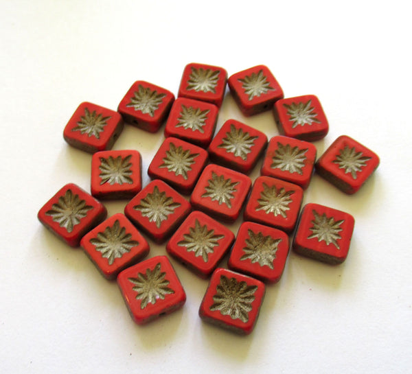 Ten 10mm x 10mm Czech glass square beads - red carved, table cut bead with matte gold picasso accents - C00801