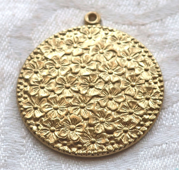 One round raw brass Victorian floral pendant brass stamping, small flowers ornament with ring, 30mm, made in the USA C10101 - Glorious Glass Beads