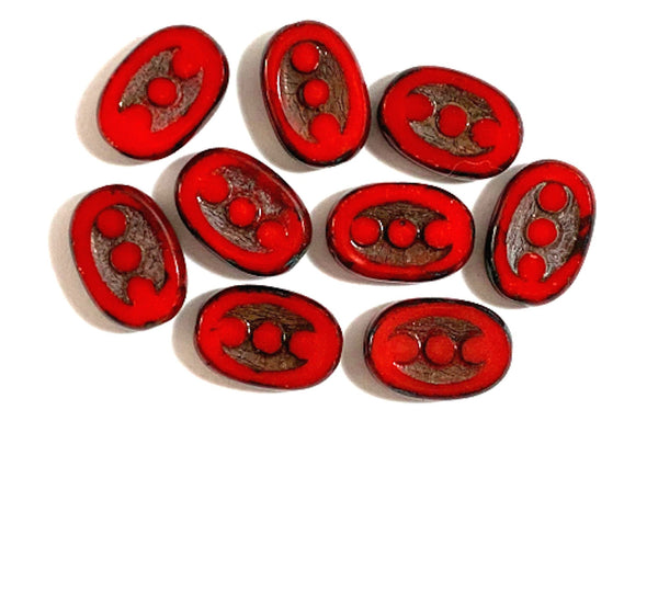Ten 14 x 10mm rustic oval opaque red picasso, table cut, Czech glass beads with dots front and back C0001
