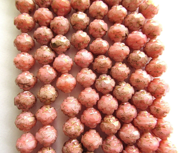 Twelve Czech glass rosebud beads - marbled pink beads with gold and picasso accents - 7 x 8mm faceted, fire polished antique cut - C00011