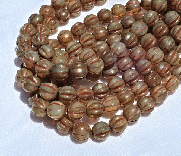 25 Czech 6mm glass melon beads, champagne picasso beads - earthy, rustic pressed glass beads C2701 - Glorious Glass Beads