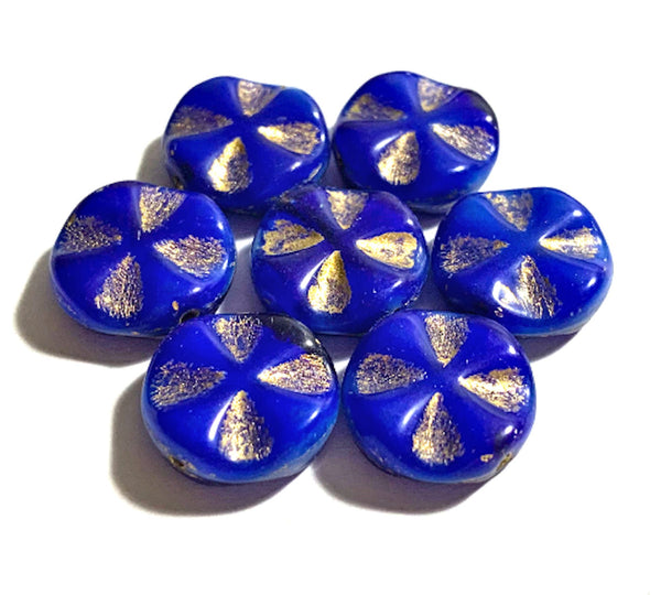 Six Czech glass beads, table-cut, carved, disc or coin beads, opaque blue / white Celtic, Iron cross with a gold picasso finish C0911