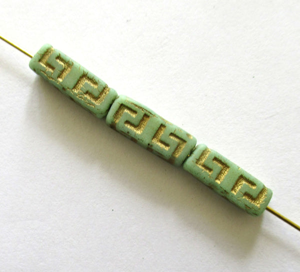 12 Czech glass beads - squared tube beads - Celtic block beads - green with a gold wash - 15 x 5mm C0058