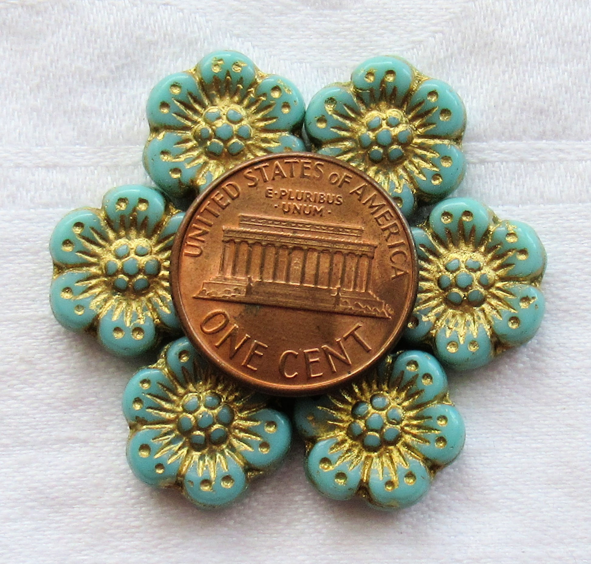 Twelve Czech glass wild rose flower beads - 14mm opaque turquoise blue floral beads with a gold wash C07105 - Glorious Glass Beads