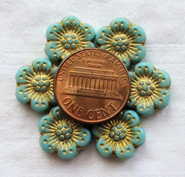 Twelve Czech glass wild rose flower beads - 14mm opaque turquoise blue floral beads with a gold wash C07105 - Glorious Glass Beads