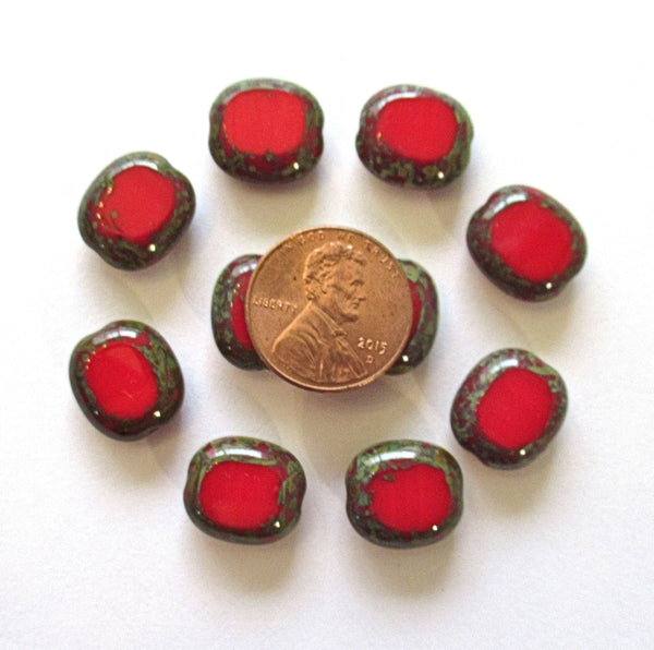 Ten Czech Glass oval beads - 14 x 12mm opaque red picasso table cut window beads beads C00711
