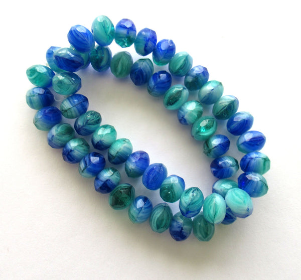 25 Czech glass puffy rondelle beads - 6 x 9mm faceted blue, green and white color mix rondelles C00662