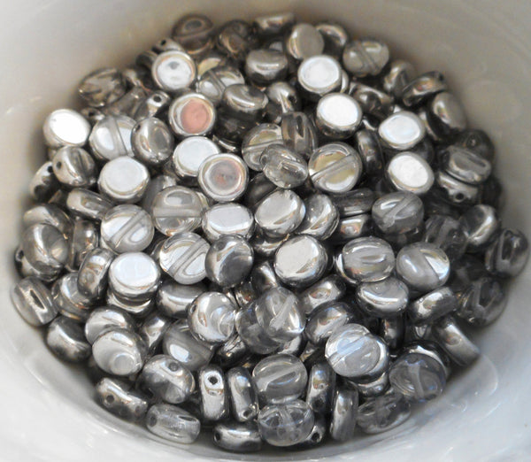 50 6mm Czech glass flat round Crystal & Silver metallic beads, little coin or disc beads C0037