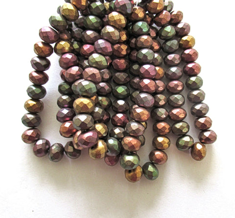 25 Czech glass puffy rondelle beads - opaque matte metallic mix earth tones - 5 x 7mm faceted fire polished rondelles C00031