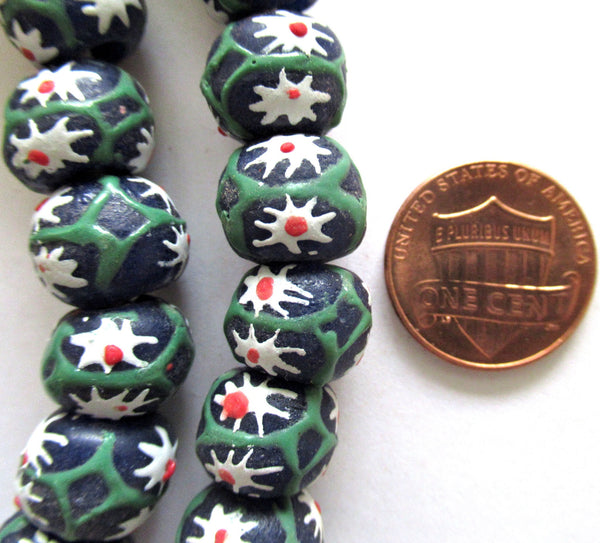 Lot of 8 African Ghana Krobo round glass flower beads - blue beads with white flowers - 11-12mm - big hole rustic earthy beads - C0039