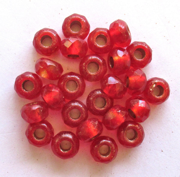 Ten Czech glass roller beads - 8.5 x 5mm siam red & crystal marbled gold lined, faceted roller, rondelle, big 3.5mm hole beads C0087