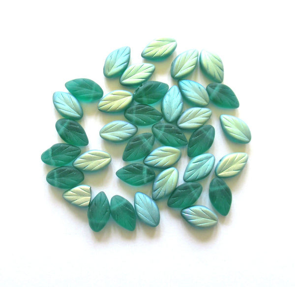 25 Czech glass beech leaf beads - side drilled 11 x 7mm matte teal blue green ab textured pressed glass beads - C0028