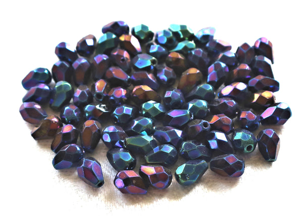 Lot of 25 7 x 5mm Blue Iris teardrop Czech glass beads, faceted firepolished beads C3601 - Glorious Glass Beads