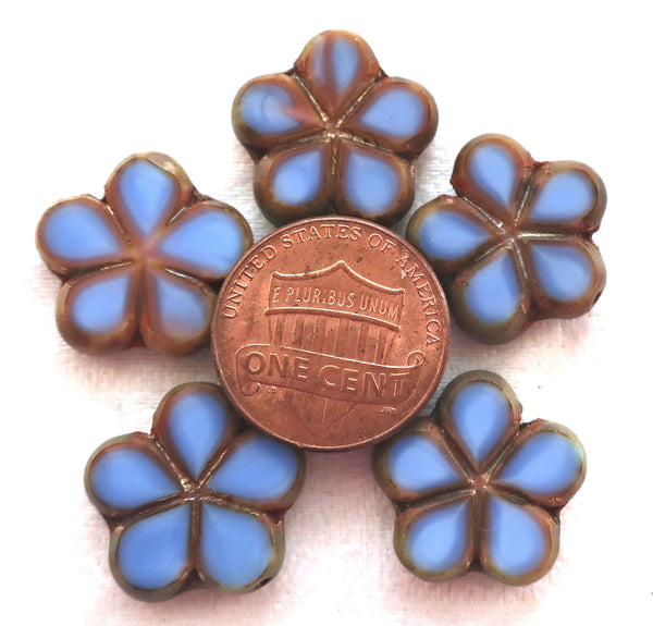 Lot of five 17mm table cut, carved,opaque, denim blue with pink / brown picasso accents, Czech glass flower beads C53105 - Glorious Glass Beads