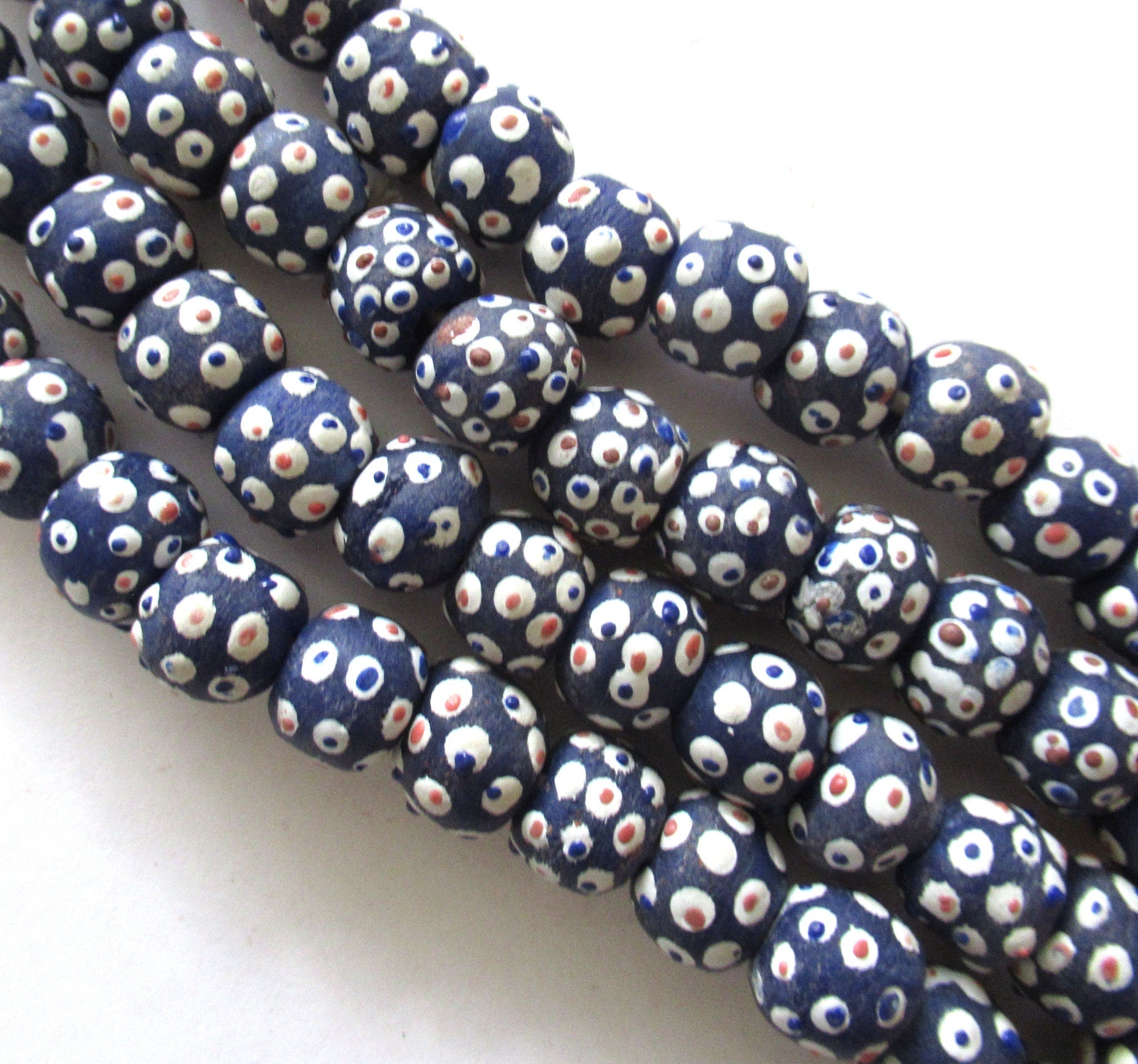 Lot of 8 African Ghana Krobo round glass evil eye beads - blue beads with color mix dots - 11-12mm - big hole rustic earthy beads - C0039