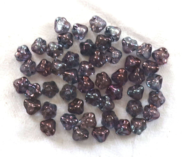 Lot of 50 6mm x 4mm Luster Transparent Amethst baby Bell Flower Czech glass beads, purple pressed glass beads C3801