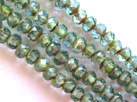 38 small Czech glass puffy rondelle spacer beads - 3 x 5mm faceted aqua blue picasso rondelles C0036
