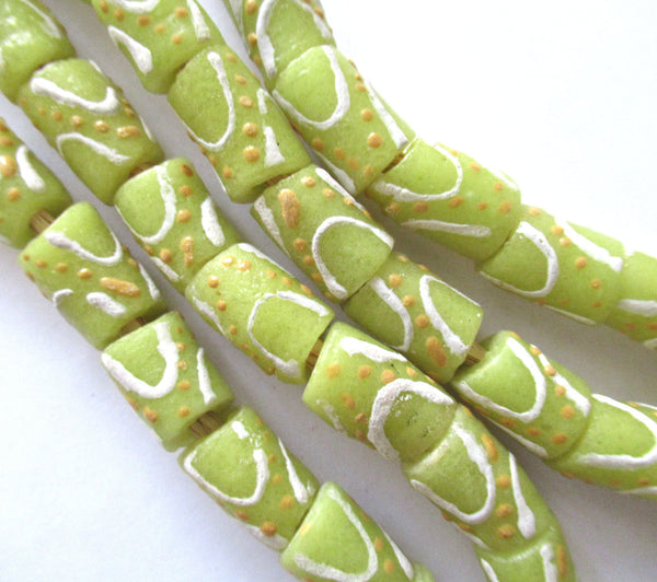 8 sand cast African Ghana glass tube beads - 17 - 13mm by 9 - 10mm big hole chartreuse or lime green patterned rustic, earthy beads - C00451