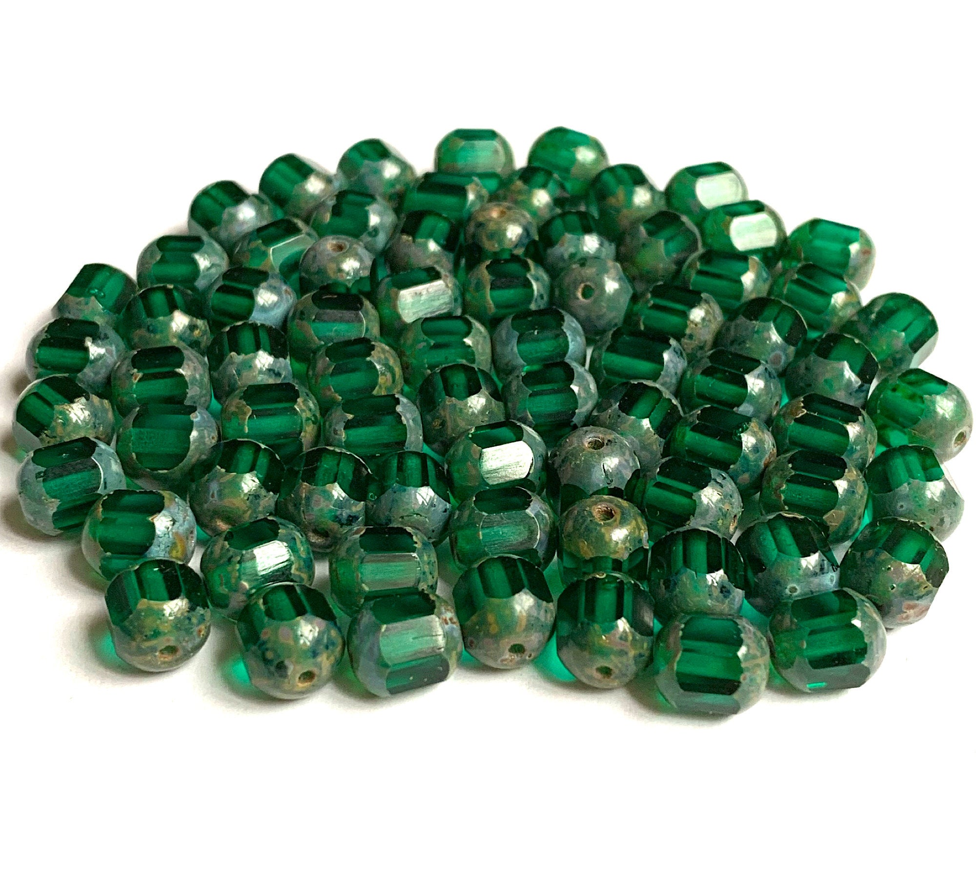 Picasso Czech Glass Beads, 8mm Emerald Green and White Faceted