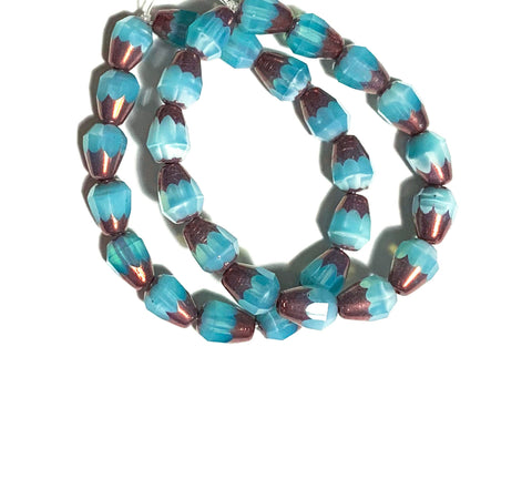 Lot of 15 Czech glass teardrop beads - blue opaline w/ a bronze finish - special cut 8 x 6mm faceted firepolished beads C0051