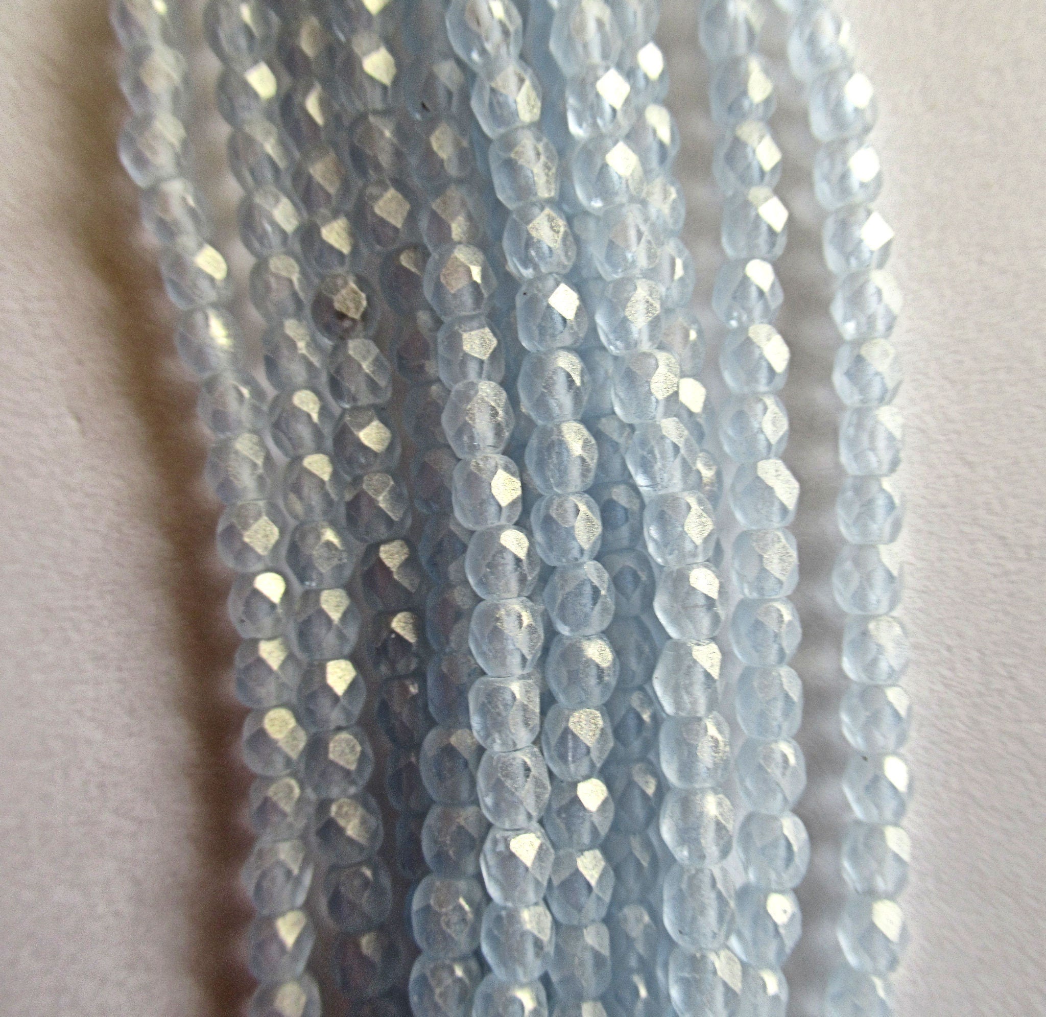 50 3mm faceted fire polished round Czech glass beads - Sueded Gold Light Sapphire Blue beads - C0004