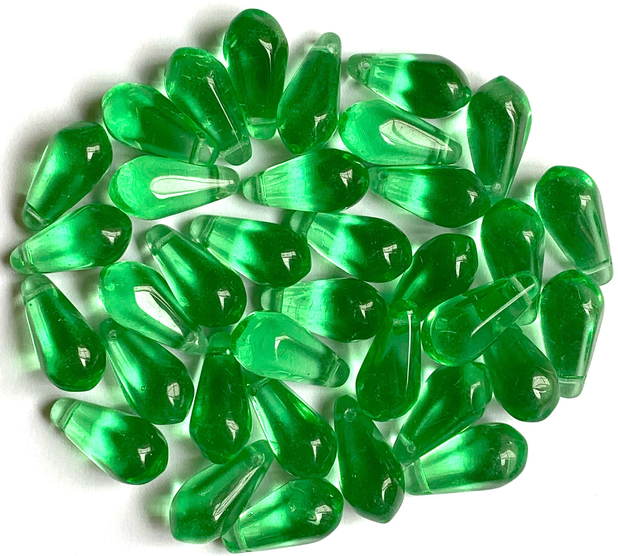 Ten large Czech glass teardrop beads - 9 x 18mm transparent mint green pressed glass side drilled six sided drops C0008