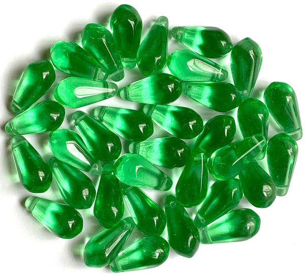 Ten large Czech glass teardrop beads - 9 x 18mm transparent mint green pressed glass side drilled faceted drops six sides C0008