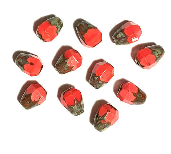 Lot of 15 Czech glass teardrop beads - opaque coral red half Picasso finish - special cut 8 x 6mm faceted firepolished beads C0051