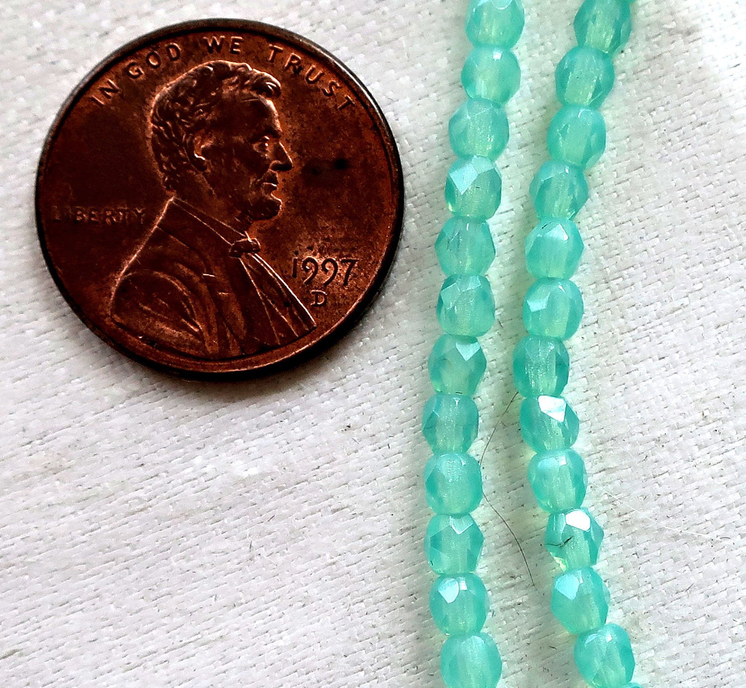 Lot if fifty 3mm Milky Peridot Green Czech glass beads, Firepolished, faceted round beads C8550 - Glorious Glass Beads