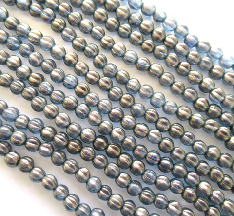 Fifty 5mm Czech glass melon beads - Halo Shadows blue/gray beads with a gold finish - 00311
