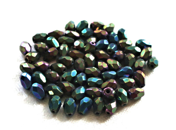 Lot of 25 7 x 5mm Green Iris teardrop Czech glass beads, faceted firepolished tear drops C7701 - Glorious Glass Beads