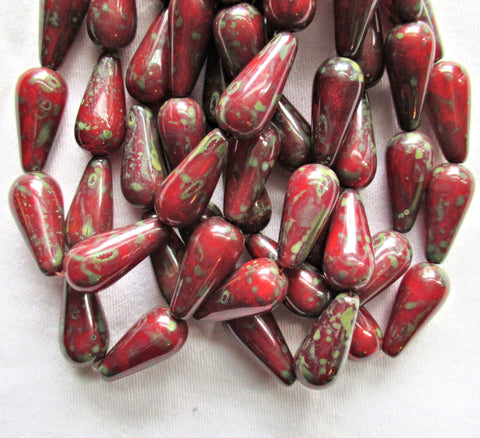 Lot of six Czech glass long teardrop beads - translucent red with a picasso finish - 9 x 20mm rustic, earthy elongated tear drops 51106